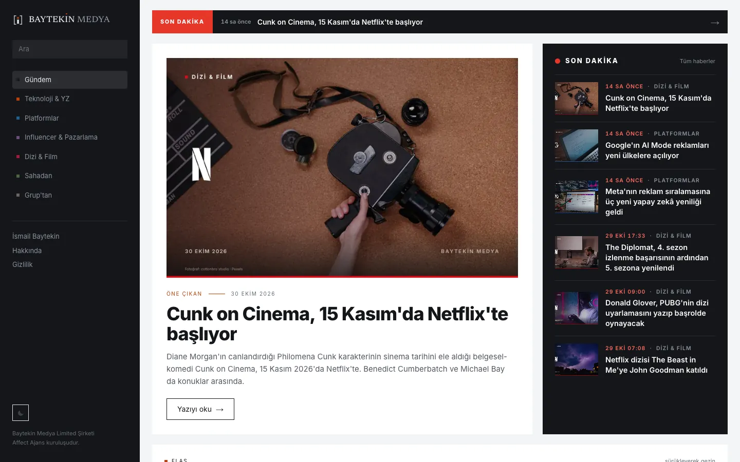 Baytekin Medya web sitesinin canlı ekran görüntüsü